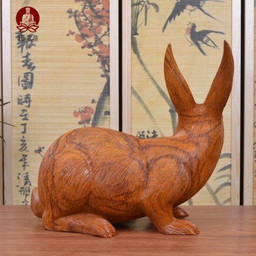 花梨木雕兔子摆件红木整木雕刻十二生肖兔子工艺制品缅甸花梨木